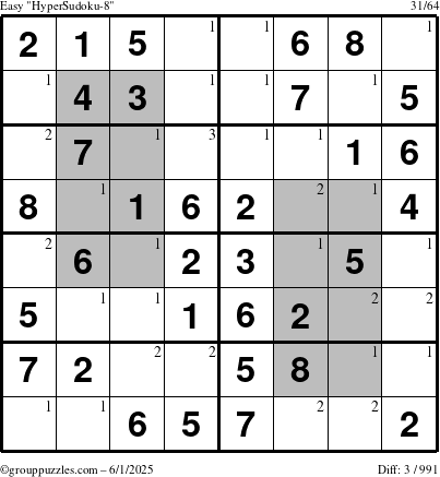 The grouppuzzles.com Easy HyperSudoku-8 puzzle for Sunday June 1, 2025 with the first 3 steps marked