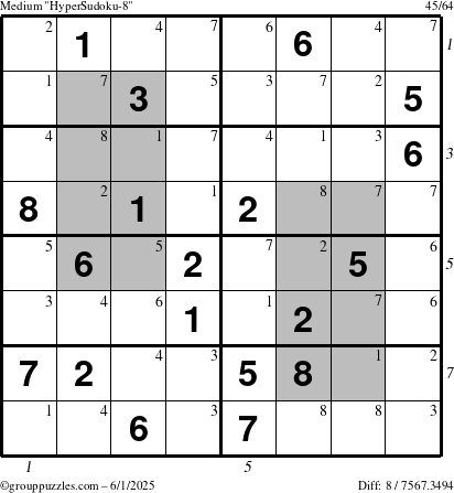 The grouppuzzles.com Medium HyperSudoku-8 puzzle for Sunday June 1, 2025 with all 8 steps marked