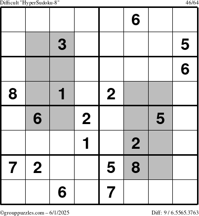 The grouppuzzles.com Difficult HyperSudoku-8 puzzle for Sunday June 1, 2025