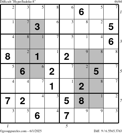 The grouppuzzles.com Difficult HyperSudoku-8 puzzle for Sunday June 1, 2025 with all 9 steps marked