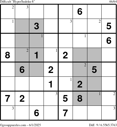 The grouppuzzles.com Difficult HyperSudoku-8 puzzle for Sunday June 1, 2025 with the first 3 steps marked