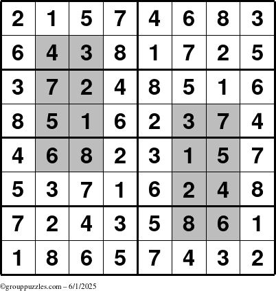 The grouppuzzles.com Answer grid for the HyperSudoku-8 puzzle for Sunday June 1, 2025