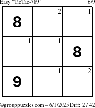 The grouppuzzles.com Easy TicTac-789 puzzle for Sunday June 1, 2025 with the first 2 steps marked