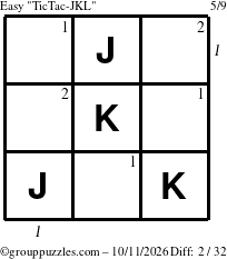 The grouppuzzles.com Easy TicTac-JKL puzzle for Sunday October 11, 2026 with all 2 steps marked