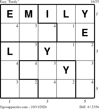 The grouppuzzles.com Easy Emily puzzle for Sunday October 11, 2026 with all 4 steps marked