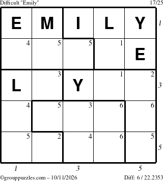 The grouppuzzles.com Difficult Emily puzzle for Sunday October 11, 2026, suitable for printing, with all 6 steps marked