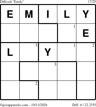 The grouppuzzles.com Difficult Emily puzzle for Sunday October 11, 2026 with the first 3 steps marked