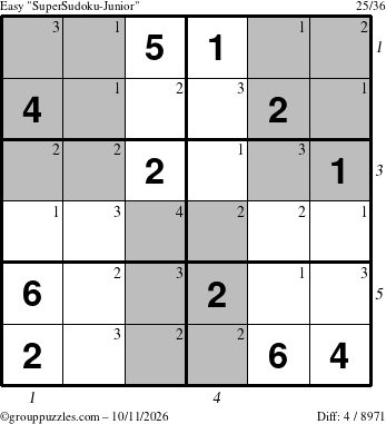 The grouppuzzles.com Easy SuperSudoku-Junior puzzle for Sunday October 11, 2026, suitable for printing, with all 4 steps marked