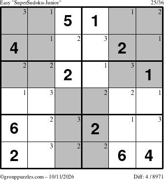 The grouppuzzles.com Easy SuperSudoku-Junior puzzle for Sunday October 11, 2026 with the first 3 steps marked