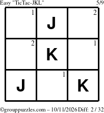 The grouppuzzles.com Easy TicTac-JKL puzzle for Sunday October 11, 2026 with the first 2 steps marked
