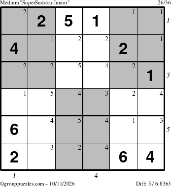 The grouppuzzles.com Medium SuperSudoku-Junior puzzle for Sunday October 11, 2026, suitable for printing, with all 5 steps marked