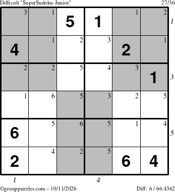 The grouppuzzles.com Difficult SuperSudoku-Junior puzzle for Sunday October 11, 2026 with all 6 steps marked