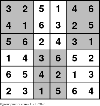 The grouppuzzles.com Answer grid for the SuperSudoku-Junior puzzle for Sunday October 11, 2026
