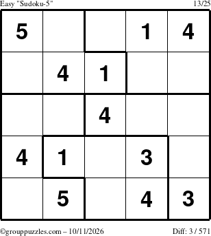 The grouppuzzles.com Easy Sudoku-5 puzzle for Sunday October 11, 2026
