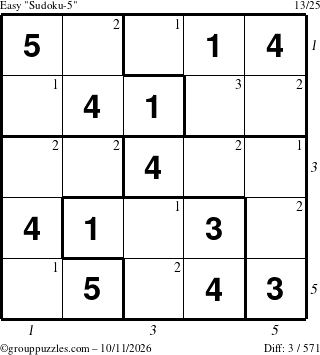 The grouppuzzles.com Easy Sudoku-5 puzzle for Sunday October 11, 2026, suitable for printing, with all 3 steps marked