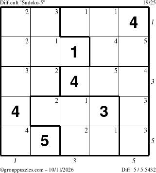 The grouppuzzles.com Difficult Sudoku-5 puzzle for Sunday October 11, 2026 with all 5 steps marked