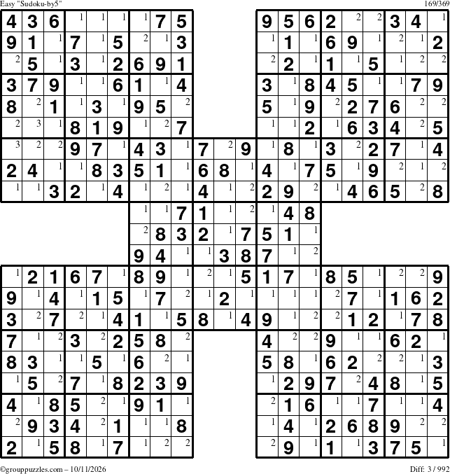 The grouppuzzles.com Easy Sudoku-by5 puzzle for Sunday October 11, 2026 with the first 3 steps marked