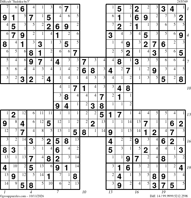 The grouppuzzles.com Difficult Sudoku-by5 puzzle for Sunday October 11, 2026 with all 14 steps marked