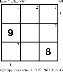 The grouppuzzles.com Easy TicTac-789 puzzle for Sunday October 11, 2026 with all 2 steps marked