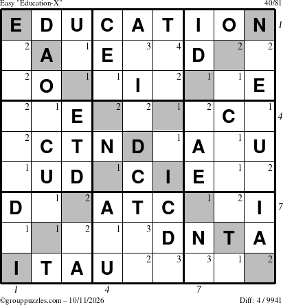 The grouppuzzles.com Easy Education-X puzzle for Sunday October 11, 2026 with all 4 steps marked