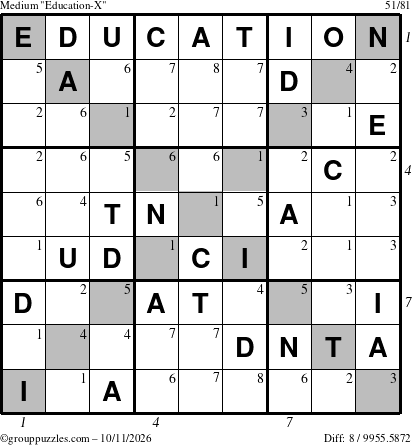The grouppuzzles.com Medium Education-X puzzle for Sunday October 11, 2026 with all 8 steps marked