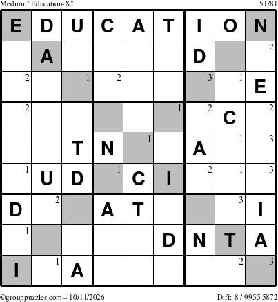 The grouppuzzles.com Medium Education-X puzzle for Sunday October 11, 2026 with the first 3 steps marked