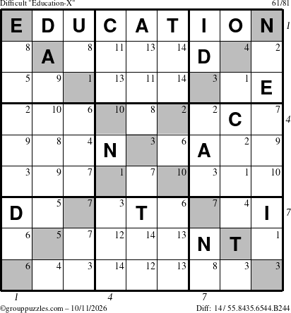 The grouppuzzles.com Difficult Education-X puzzle for Sunday October 11, 2026 with all 14 steps marked