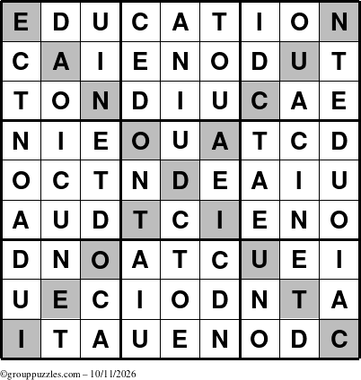 The grouppuzzles.com Answer grid for the Education-X puzzle for Sunday October 11, 2026