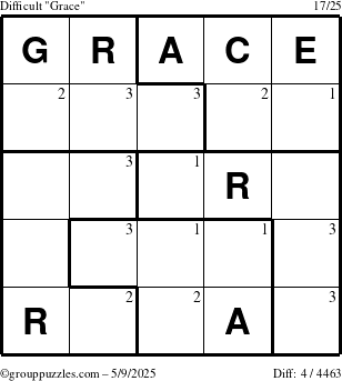 The grouppuzzles.com Difficult Grace puzzle for Friday May 9, 2025 with the first 3 steps marked
