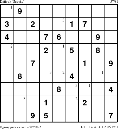 The grouppuzzles.com Difficult Sudoku puzzle for Friday May 9, 2025 with the first 3 steps marked