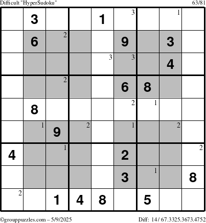 The grouppuzzles.com Difficult HyperSudoku puzzle for Friday May 9, 2025 with the first 3 steps marked