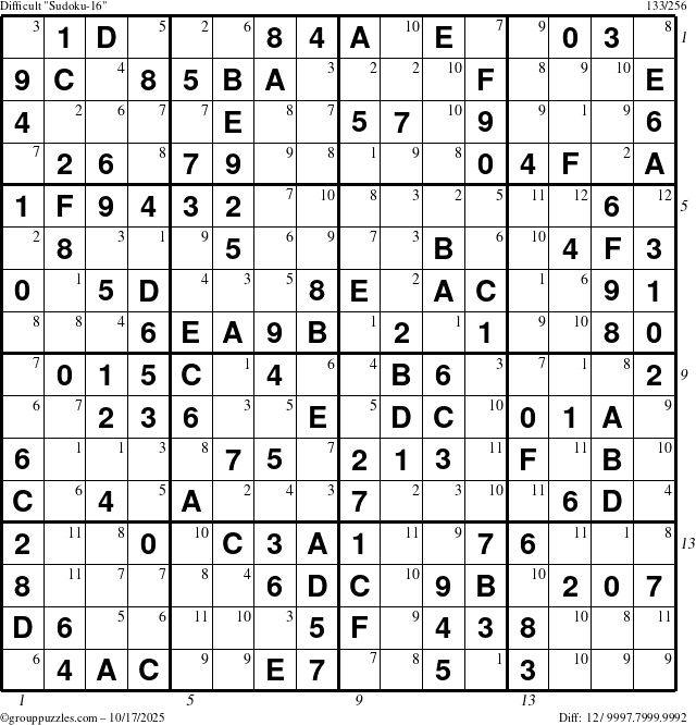 The grouppuzzles.com Difficult Sudoku-16 puzzle for Friday October 17, 2025, suitable for printing, with all 12 steps marked