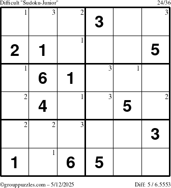 The grouppuzzles.com Difficult Sudoku-Junior puzzle for Monday May 12, 2025 with the first 3 steps marked