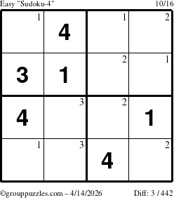 The grouppuzzles.com Easy Sudoku-4 puzzle for Tuesday April 14, 2026 with the first 3 steps marked