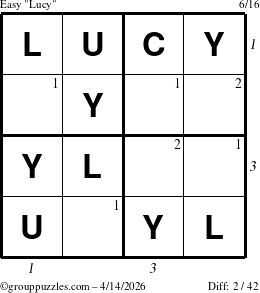 The grouppuzzles.com Easy Lucy puzzle for Tuesday April 14, 2026 with all 2 steps marked