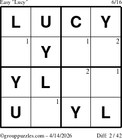 The grouppuzzles.com Easy Lucy puzzle for Tuesday April 14, 2026 with the first 2 steps marked