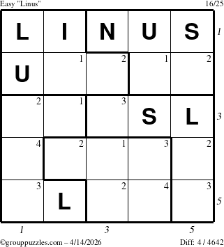The grouppuzzles.com Easy Linus puzzle for Tuesday April 14, 2026 with all 4 steps marked