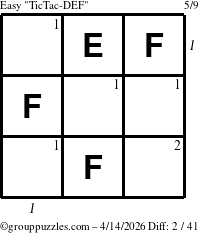The grouppuzzles.com Easy TicTac-DEF puzzle for Tuesday April 14, 2026, suitable for printing, with all 2 steps marked