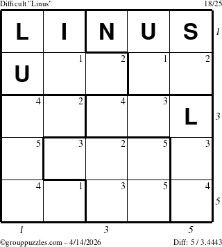 The grouppuzzles.com Difficult Linus puzzle for Tuesday April 14, 2026 with all 5 steps marked