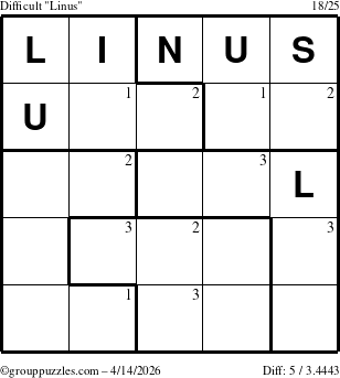 The grouppuzzles.com Difficult Linus puzzle for Tuesday April 14, 2026 with the first 3 steps marked