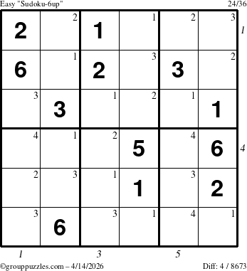 The grouppuzzles.com Easy Sudoku-6up puzzle for Tuesday April 14, 2026, suitable for printing, with all 4 steps marked