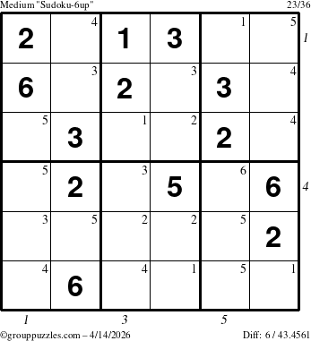 The grouppuzzles.com Medium Sudoku-6up puzzle for Tuesday April 14, 2026 with all 6 steps marked