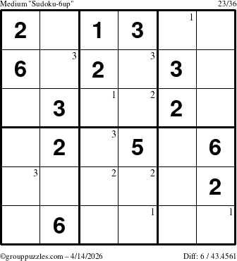 The grouppuzzles.com Medium Sudoku-6up puzzle for Tuesday April 14, 2026 with the first 3 steps marked