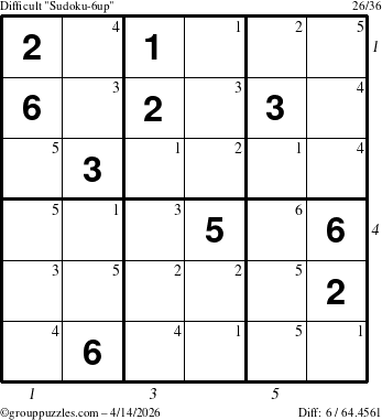 The grouppuzzles.com Difficult Sudoku-6up puzzle for Tuesday April 14, 2026 with all 6 steps marked