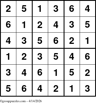 The grouppuzzles.com Answer grid for the Sudoku-6up puzzle for Tuesday April 14, 2026