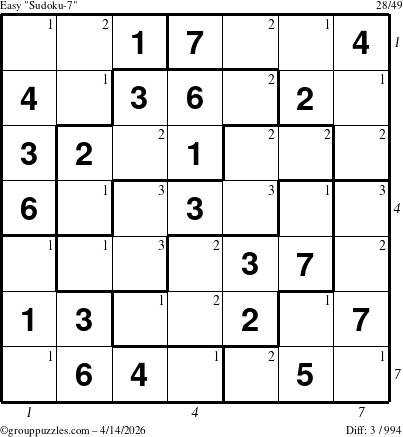 The grouppuzzles.com Easy Sudoku-7 puzzle for Tuesday April 14, 2026, suitable for printing, with all 3 steps marked