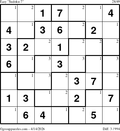 The grouppuzzles.com Easy Sudoku-7 puzzle for Tuesday April 14, 2026 with the first 3 steps marked