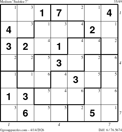 The grouppuzzles.com Medium Sudoku-7 puzzle for Tuesday April 14, 2026, suitable for printing, with all 6 steps marked