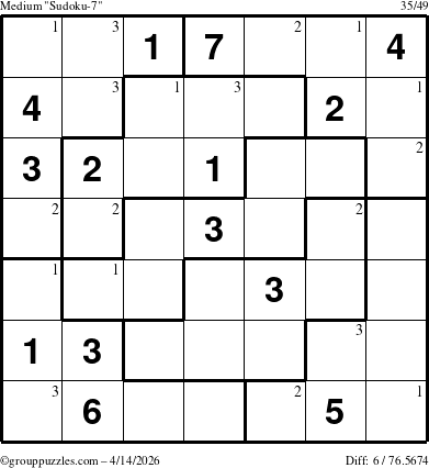 The grouppuzzles.com Medium Sudoku-7 puzzle for Tuesday April 14, 2026 with the first 3 steps marked