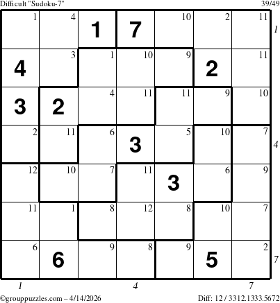 The grouppuzzles.com Difficult Sudoku-7 puzzle for Tuesday April 14, 2026, suitable for printing, with all 12 steps marked